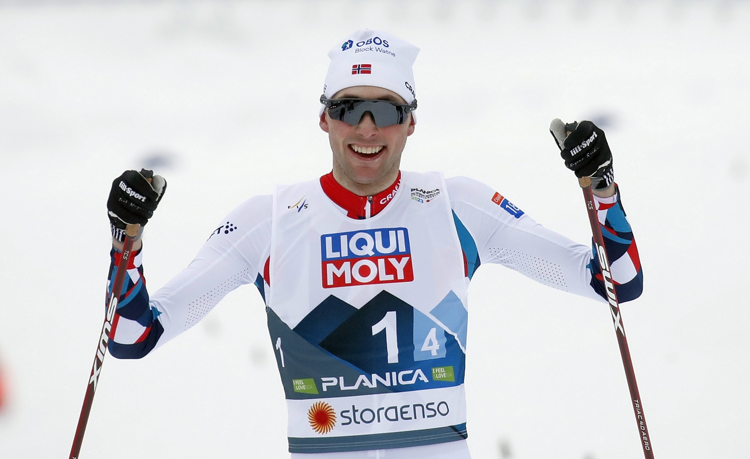 epa10492494 Jarl Manus Riiber of Norway reacts after finishing the Nordic Combined Mixed Team Gundersen Normal Hill competition round at the FIS Nordic Skiing World Championships in Planica, Slovenia, 26 February 2023.  EPA/ANTONIO BAT