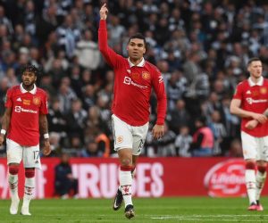 epa10492694 Manchester United's Casemiro (C) celebrates after scoring his teams first goal during the Carabao Cup final soccer match between Manchester United and Newcastle United, in London, Britain, 26 February 2023.  EPA/NEIL HALL