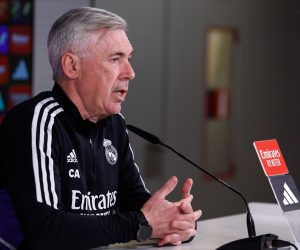 epa10496735 Real Madrid's head coach Carlo Ancelotti attends a press conference following the team's training session held at Valdebebas sports complex, Madrid, Spain, 01 March 2023. Real Madrid will be facing FC Barcelona on 02 March in a Spanish King's Cup first leg semifinal match.  EPA/Chema Moya