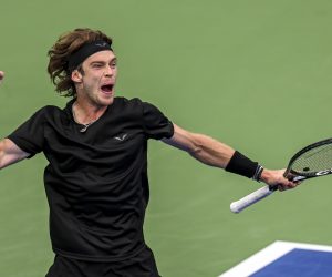 epa10496807 Andrey Rublev of Russia reacts after winning a point against Alejandro Davidovich Fokina of Spain during their match at the Dubai Duty Free Tennis ATP Championships 2023 in Dubai, United Arab Emirates, 01 March 2023.  EPA/Yoshua Arias