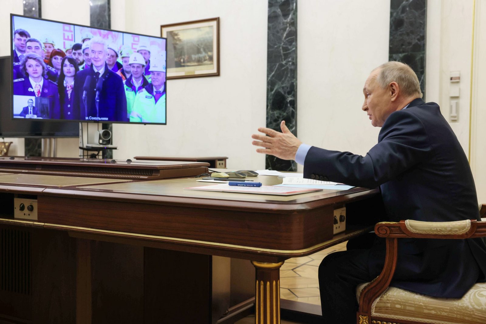 epa10496801 Russian President Vladimir Putin takes part in the ceremony of the opening of the Big Circle Line (BCL) of the Moscow subway via videoconference, in Moscow, Russia, 01 March 2023. The Big Circle Line, whose length is over 70 kilometers long with 31 stations and three train depots, is one of the biggest underground construction project in the world. Launch of the BCL will improve the transport situation in 34 districts of Moscow with a population of 3.3 million people and considerably reduce the burden on other subway lines.  EPA/MIKHAIL METZEL / SPUTNIK / KREMLIN POOL MANDATORY CREDIT