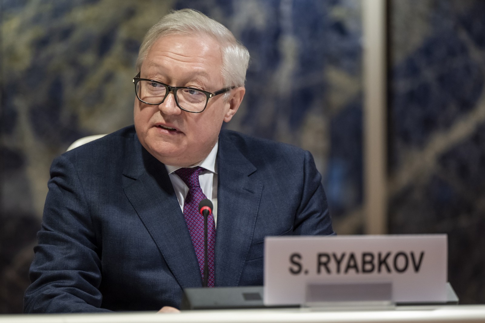 epa10498429 Deputy Minister of Foreign Affairs of the Russian Federation Sergei Ryabkov delivers his speech during a session of the Conference on Disarmament at the European headquarters of the United Nations in Geneva, Switzerland, 02 March 2023.  EPA/MARTIAL TREZZINI