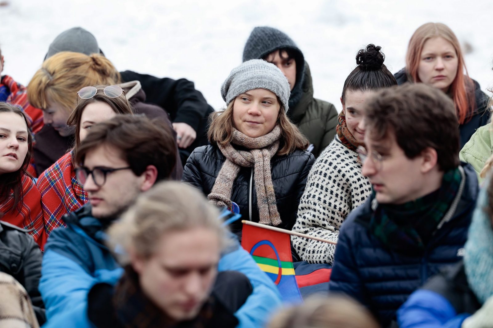 epa10500156 Greta Thunberg (C) joins campaigners who have been protesting in Oslo for over a week against the wind turbines at Fosen, during a demonstration in front of the Royal Palace in Oslo, Norway, 03 March 2023.  EPA/ALF SIMENSEN  NORWAY OUT