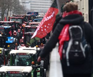 epa10500472 Farmers from the northern region of Flanders take part in a protest with their tractors against a new regional government plan to limit nitrogen emissions, in Brussels, Belgium, 03 March 2023.  EPA/STEPHANIE LECOCQ