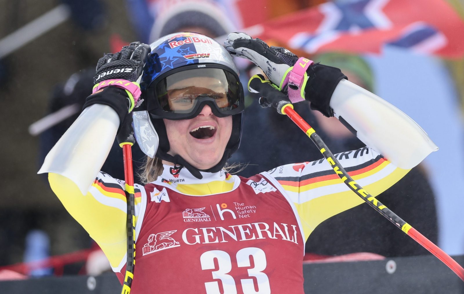 epa10504369 Emma Aicher from Germany reacts in the finish area during the Women's Super G race at the FIS Alpine Skiing World Cup in Kvitfjell, Norway, 05 March 2023.  EPA/Geir Olsen  NORWAY OUT