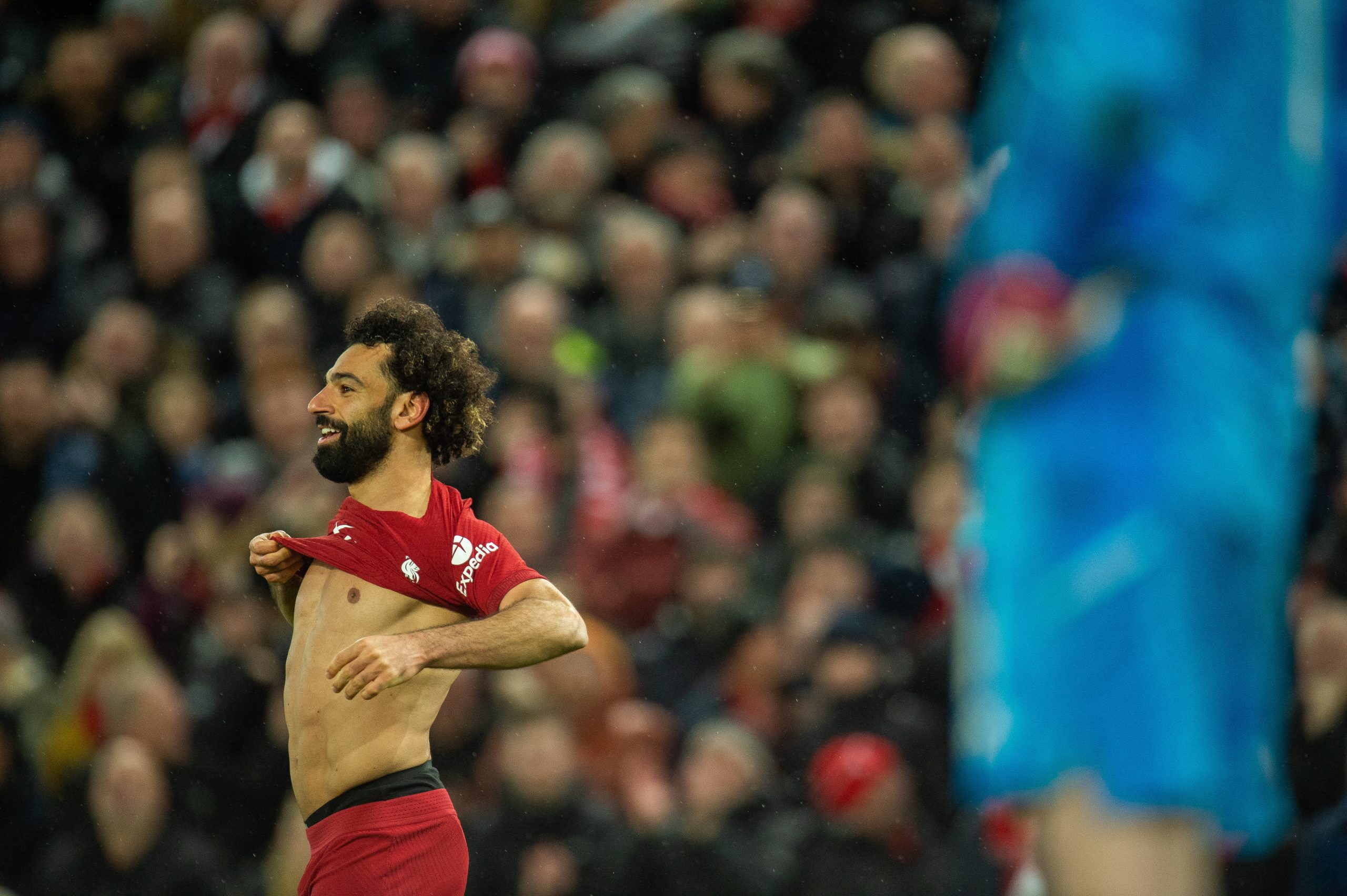 epa10505487 Liverpool's Mohamed Salah celebrates after scoring the 6-0 goal during the English Premier League soccer match between Liverpool FC and Manchester United in Liverpool, Britain, 05 March 2023.  EPA/Peter Powell EDITORIAL USE ONLY. No use with unauthorized audio, video, data, fixture lists, club/league logos or 'live' services. Online in-match use limited to 120 images, no video emulation. No use in betting, games or single club/league/player publications
