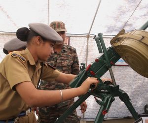 epa10505865 The first batch of female cadets of the Rashtriya Military School (RMS) visit the static weapons display, in Bangalore, India, 06 March 2023. The Rashtriya Military School (RMS), an institution established by the Indian Army and run under the aegis of Ministry of Defence, is one of the premier residential public schools.  EPA/JAGADEESH NV