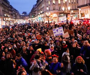 epa10506817 People take part in a night feminist demonstration prior to March 8, international day of fight for women's rights in Paris, France, 06 March 2023.  EPA/TERESA SUAREZ