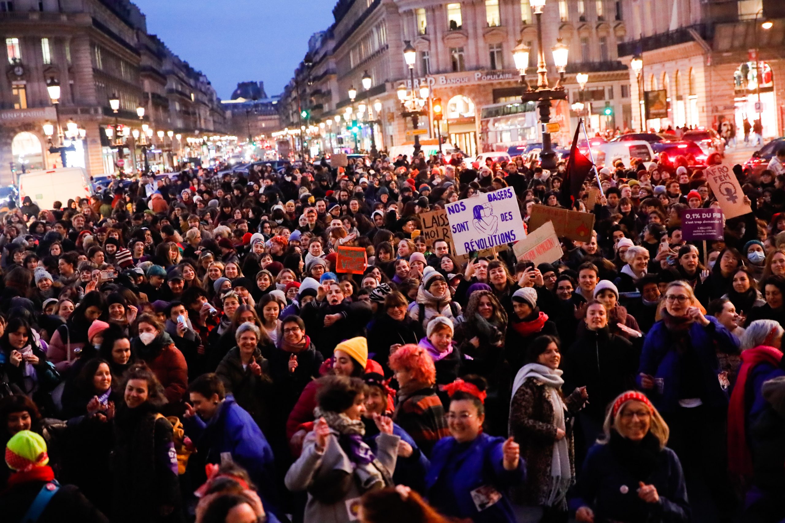 epa10506817 People take part in a night feminist demonstration prior to March 8, international day of fight for women's rights in Paris, France, 06 March 2023.  EPA/TERESA SUAREZ
