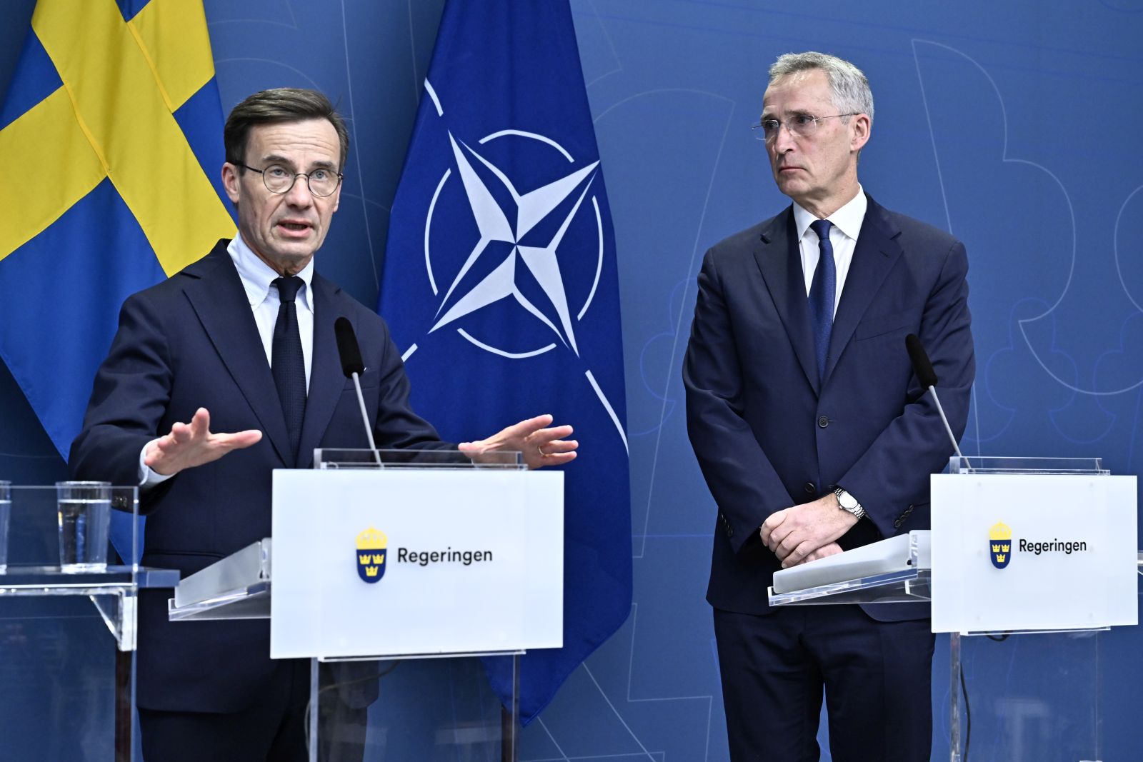 epa10507840 Sweden's Prime Minister Ulf Kristersson (L) and NATO Secretary General Jens Stoltenberg during a press conference in Stockholm, Sweden, 07 March 2023, after a meeting with all Swedish party leaders who are in favor of a Swedish NATO membership.  EPA/Jonas Ekstromer   SWEDEN OUT