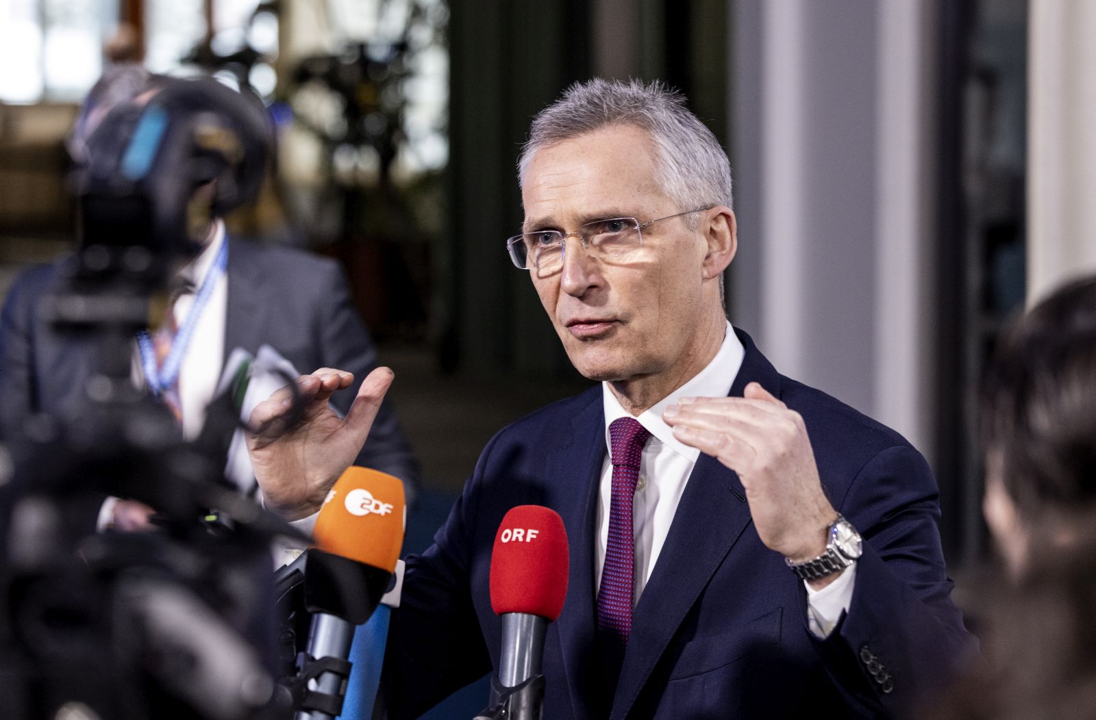 epa10509226 NATO Secretary General Jens Stoltenberg talks to journalists upon his arrival to an informal meeting of EU defense ministers at the Scandinavian XPO in Marsta, outside Stockholm, Sweden, 08 March 2023. The defence ministers will discuss the EU's military support to Ukraine, among other topics.  EPA/CHRISTINE OLSSON SWEDEN OUT