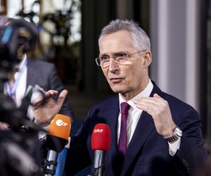 epa10509226 NATO Secretary General Jens Stoltenberg talks to journalists upon his arrival to an informal meeting of EU defense ministers at the Scandinavian XPO in Marsta, outside Stockholm, Sweden, 08 March 2023. The defence ministers will discuss the EU's military support to Ukraine, among other topics.  EPA/CHRISTINE OLSSON SWEDEN OUT