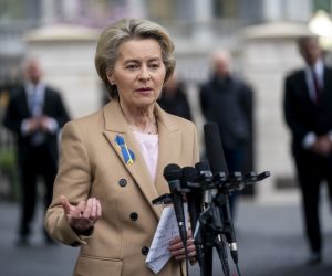 epa10514244 European Commission President Ursula von der Leyen speaks to the news media as she departs following a bilateral meeting with US President Joe Biden at the West Wing of the White House in Washington, DC, USA 10 March 2023. The leaders were set to discuss Ukraine, energy security, climate crisis and China during their meeting.  EPA/SHAWN THEW