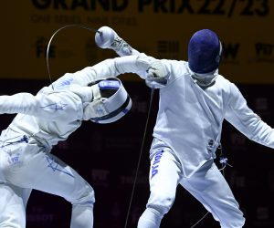 epa10517503 Gabriele Cimini (R) of Italy and Yonatan Cohen of Israel fight in the final of men's epee fencing WestEnd Grand Prix in Budapest, Hungary, 12 March 2023.  EPA/Szilard Koszticsak HUNGARY OUT