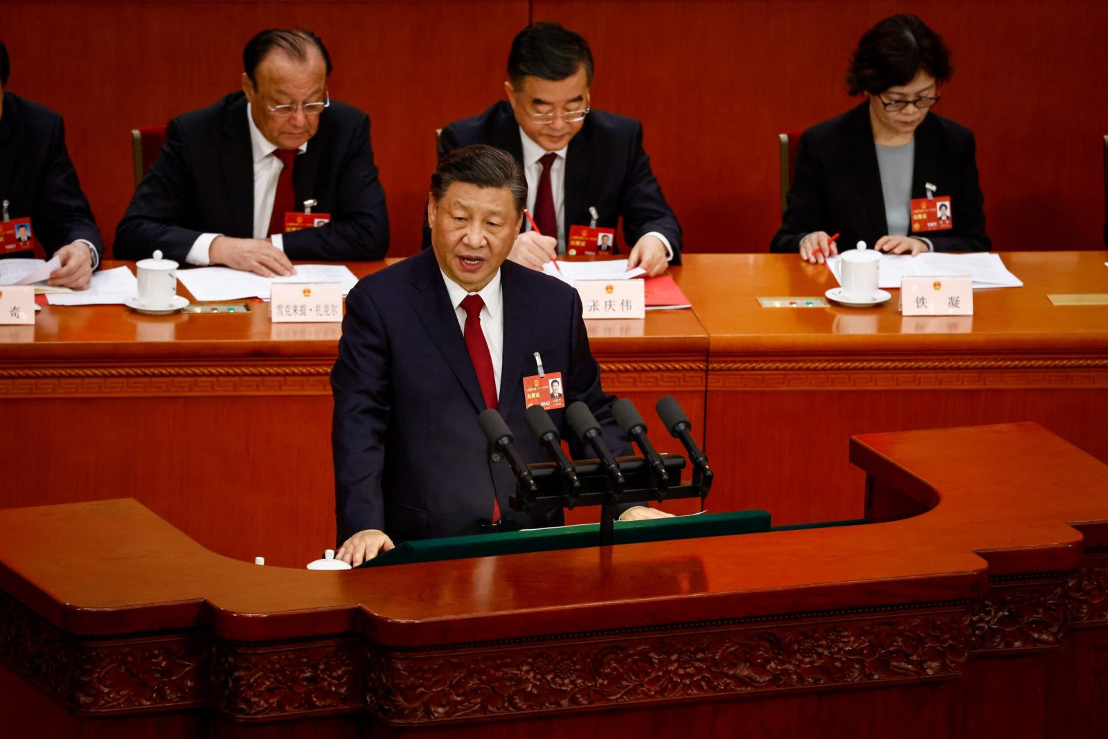 epa10519045 Chinese President Xi Jinping speaks during the Closing Session of the National People's Congress (NPC) at the Great Hall of the People, in Beijing, China, 13 March 2023. China holds two major annual political meetings, the National People's Congress (NPC) and the Chinese People's Political Consultative Conference (CPPCC) which run alongside and together are known as 'Lianghui' or 'Two Sessions'.  EPA/MARK R. CRISTINO