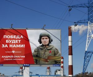 epa10520400 A billboard depicting a soldier with the slogan ’The victory will be ours' in St. Petersburg, Russia, 13 March 2023. On 24 February 2022 Russian troops entered the Ukrainian territory in what the Russian president declared to be a 'Special Military Operation', starting an armed conflict that has provoked destruction and a humanitarian crisis.  EPA/ANATOLY MALTSEV