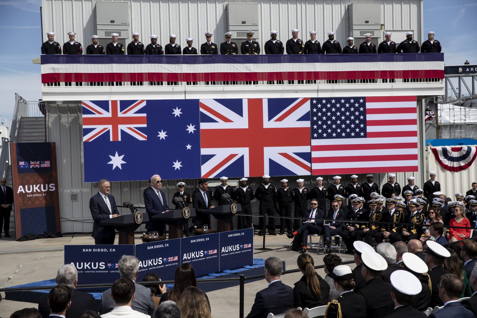 epa10521428 (L-R) Australian Prime Minister Anthony Albanese, US President Joe Biden and United Kingdom Prime Minister Rishi Sunak hold a press conference at the Naval Base Point Miramar in San Diego, California, USA, 13 March 2023. The three leaders announced that Australia will purchase nuclear-powered attack submarines from the U.S.  EPA/ETIENNE LAURENT