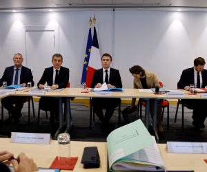 epa10522569 (L-R) French president's Chief of Staff Patrick Strzoda, French Interior and Overseas Minister Gerald Darmanin, French President Emmanuel Macron, French Sports Minister Amelie Oudea-Castera, and French Junior Minister for Transports Clement Beaune attend a working meeting 500 days ahead of the Paris 2024 Summer Olympic and Paralympic Games at the Paris and Ile-de-France Prefecture in Paris, France, 14 March 2023. The Paris 2024 Summer Olympics are held from 26 July to 11 Ausgust 2024.  EPA/LUDOVIC MARIN / POOL  MAXPPP OUT