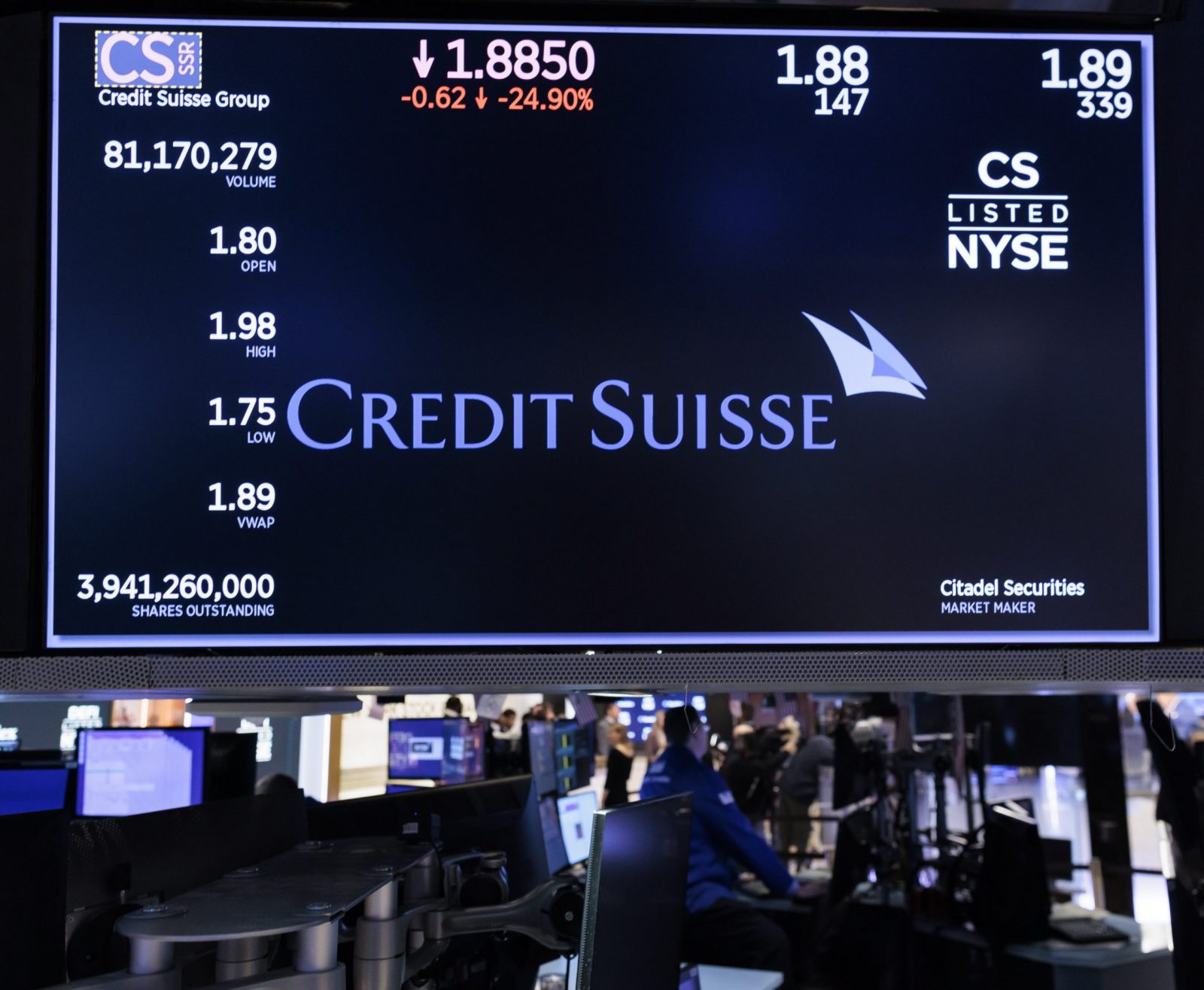epa10524474 A screen displays information about Credit Suisse bank on the floor of the New York Stock Exchange in New York, New York, USA, on 15 March 2023. Shares in the Swiss based lender reached an all time low after it's main backer, Saudi National Bank would not provide further assistance.  EPA/JUSTIN LANE