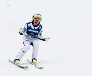 epa10531450 Erna Klinec of Slovenia reacts during the Women's HS240 competition at the FIS Ski Jumping World Cup in Vikersund, Norway, 19 March 2023.  EPA/Geir Olsen  NORWAY OUT