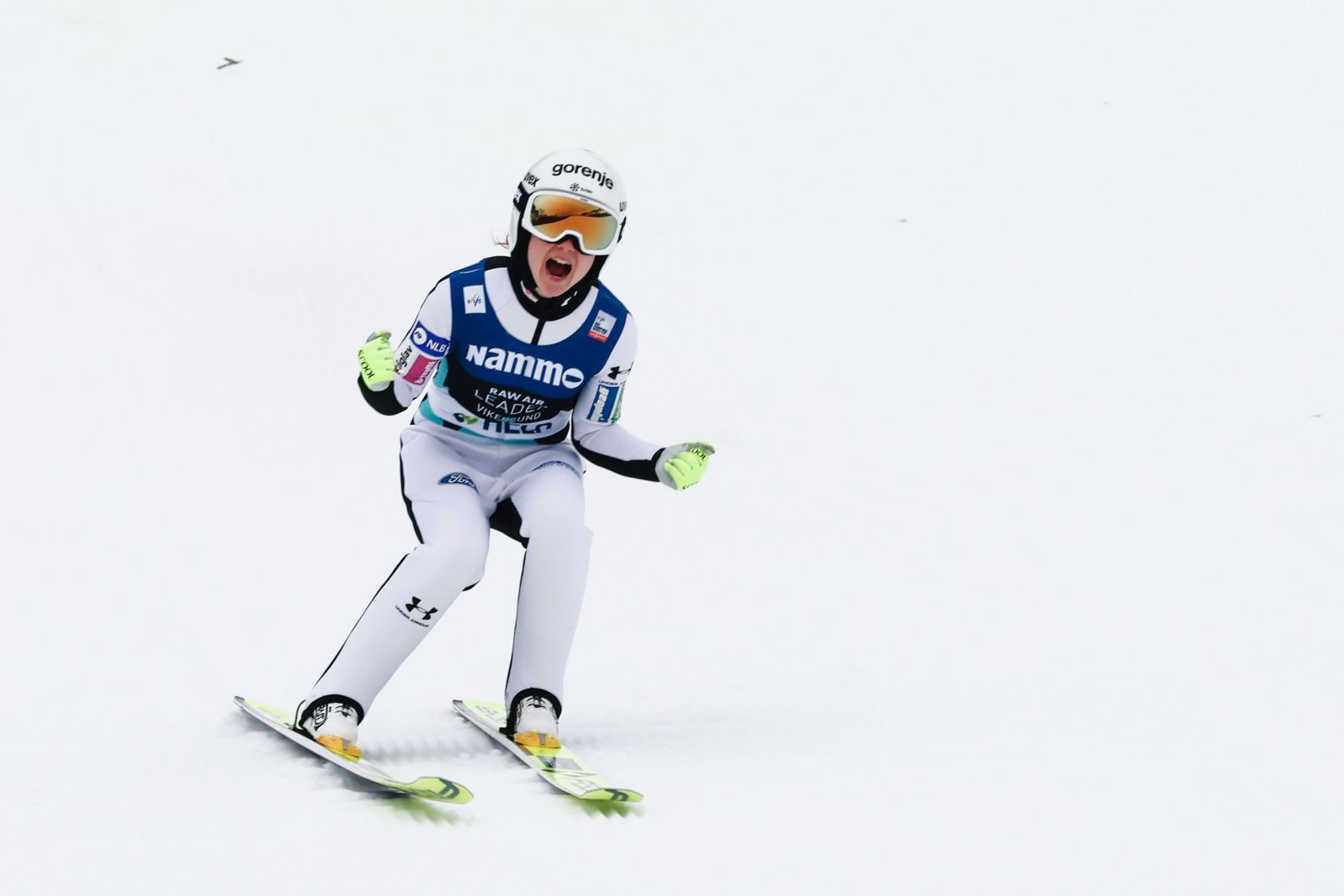 epa10531450 Erna Klinec of Slovenia reacts during the Women's HS240 competition at the FIS Ski Jumping World Cup in Vikersund, Norway, 19 March 2023.  EPA/Geir Olsen  NORWAY OUT