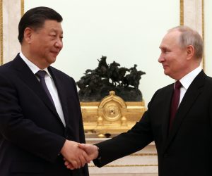 epa10533764 Russian President Vladimir Putin (R) shakes hands with Chinese President Xi Jinping (L) during their meeting in Moscow Kremlin in Moscow, Russia, 20 March 2023. Chinese President Xi Jinping arrived in Moscow on a three-day visit, which will last from March 20 to 22, according to Russian and Chinese state agencies. Xi Jinping visits Russia on improving joint partnership and developing key areas of Russian-Chinese economic cooperation.  EPA/SERGEI KARPUHIN / SPUTNIK / KREMLIN POOL MANDATORY CREDIT