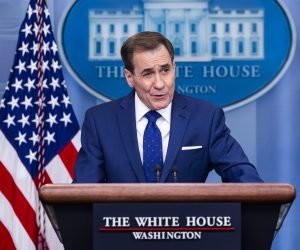 epa10534228 National Security Advisor for Strategic Communications John Kirby speaks about Russia and China during a press briefing at the White House in Washington, DC, USA, 20 March 2023.  EPA/JIM LO SCALZO / POOL