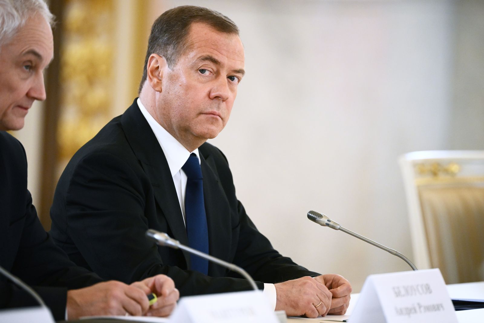 epa10535434 Deputy head of Russia's Security Council Dmitry Medvedev (R) attends the Russia - China talks at the Kremlin in Moscow, Russi 21 March 2023. Chinese President Xi Jinping arrived in Moscow on a three-day visit, which will last from March 20 to 22, according to Russian and Chinese state agencies. Xi Jinping visits Russia on improving joint partnership and developing key areas of Russian-Chinese economic cooperation.  EPA/ALEXEY MAYSHEV / SPUTNIK / KREMLIN POOL MANDATORY CREDIT