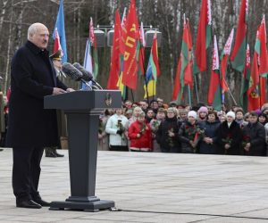 epa10536830 A handout photo made available by the Belarus Presidential Press Service shows Belarusian President Alexander Lukashenko delivering a speech during a ceremony to mark the 80th anniversary of the Khatyn Massacre, at the Eternal Flame at the Khatyn Memorial Complex in Khatyn, Belarus, 22 March 2023. On 22 March 1943, in retaliation for an attack by Soviet partisans, Nazi Germany’s troops gathered 149 Khatyn residents, including 75 children, into a barn and set it on fire before proceeding to destroy the whole village and shooting those who managed to escape the fire.  EPA/BELARUS PRESIDENT PRESS SERVICE /HANDOUT  HANDOUT EDITORIAL USE ONLY/NO SALES