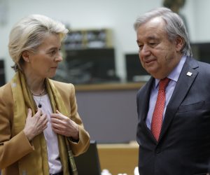 epa10538393 United Nations (UN) Secretary-General Antonio Guterres and European Commission President Ursula von der Leyen attend an EU Summit in Brussels, Belgium, 23 March 2023. EU leaders will meet for a two-day summit in Brussels to discuss the latest developments in relation to 'Russia's war of aggression against Ukraine' and continued EU support for Ukraine and its people. The leaders will also debate on competitiveness, single market and the economy, energy, external relations among other topics, including migration.  EPA/OLIVIER HOSLET