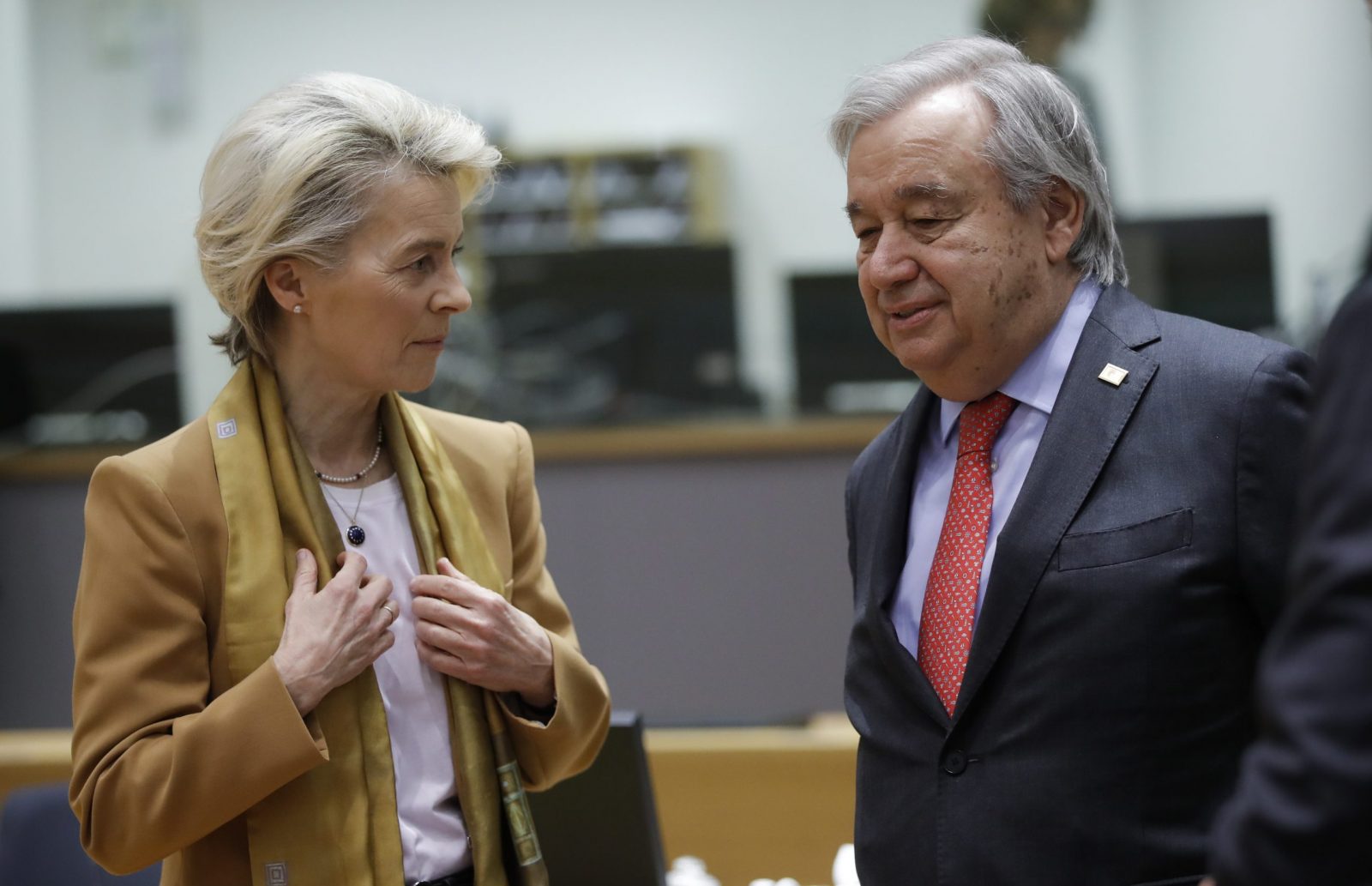 epa10538393 United Nations (UN) Secretary-General Antonio Guterres and European Commission President Ursula von der Leyen attend an EU Summit in Brussels, Belgium, 23 March 2023. EU leaders will meet for a two-day summit in Brussels to discuss the latest developments in relation to 'Russia's war of aggression against Ukraine' and continued EU support for Ukraine and its people. The leaders will also debate on competitiveness, single market and the economy, energy, external relations among other topics, including migration.  EPA/OLIVIER HOSLET
