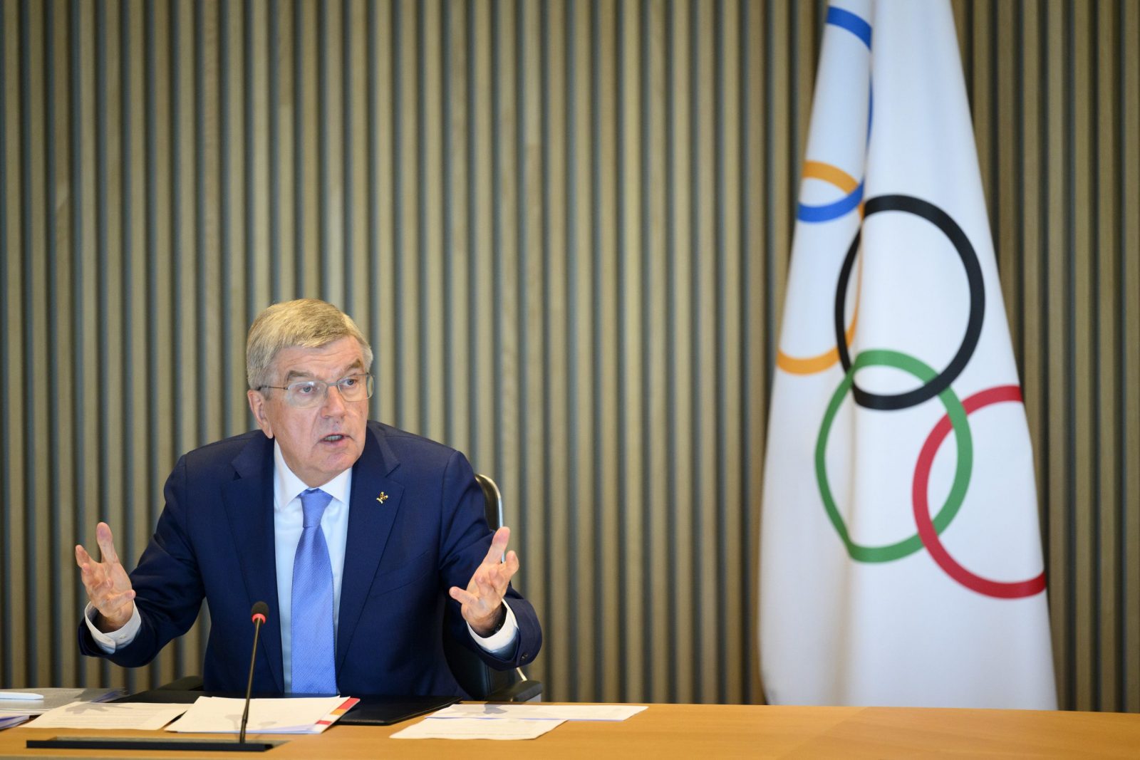 epa10546651 International Olympic Committee (IOC) President Thomas Bach speaks at the opening of the executive board meeting of the International Olympic Committee (IOC), at the Olympic House, in Lausanne, Switzerland, 28 March 2023. The International Olympic Committee (IOC) Executive Board is set to discuss the results of consultations regarding the status of athletes from Russia and Belarus in its meeting set to run until March 30.  EPA/LAURENT GILLIERON