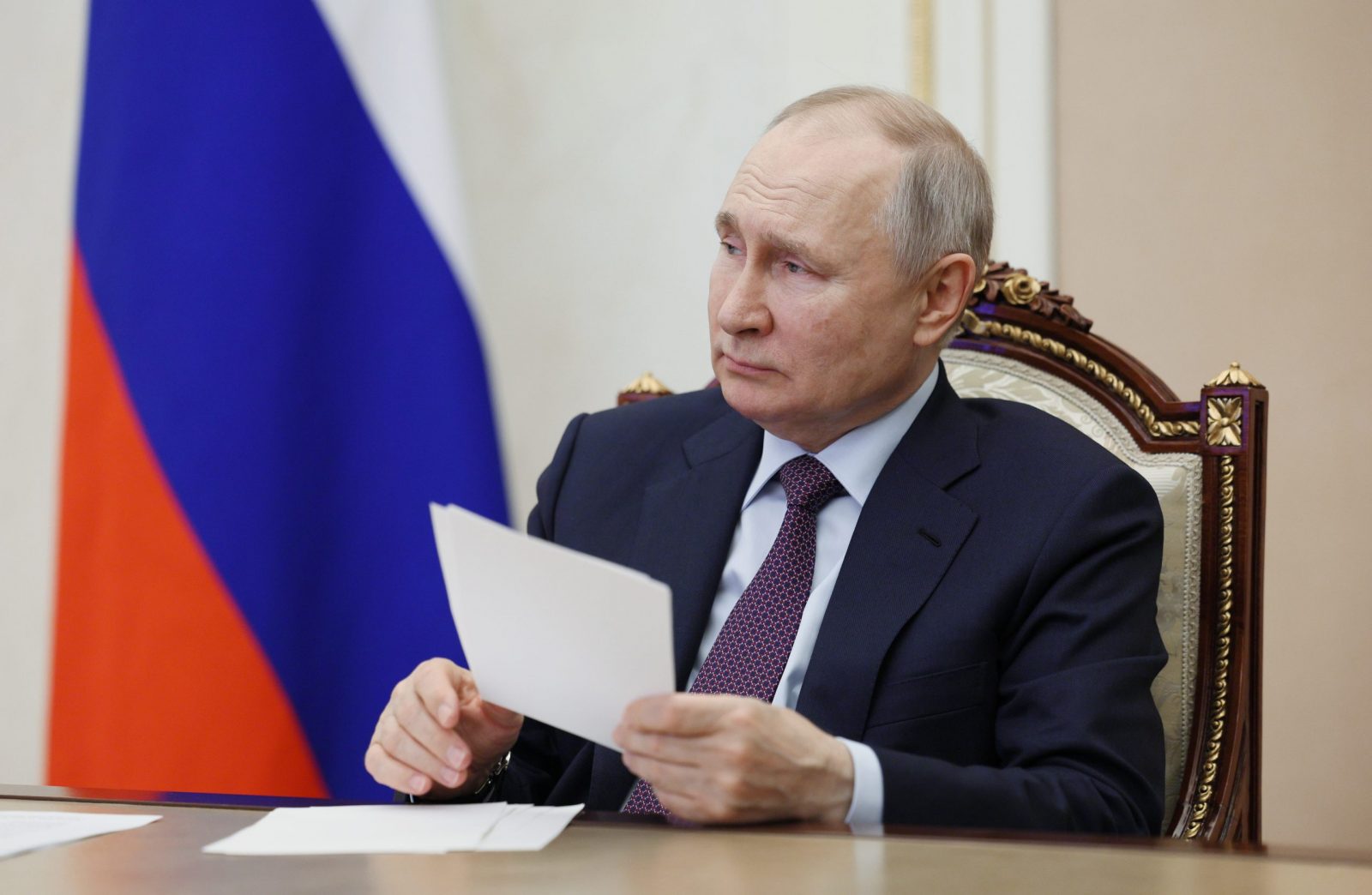 epa10550766 Russian President Vladimir Putin via video conference takes part in a ceremony to open new pharmaceutical production facilities in St Petersburg, Saransk and Kaliningrad, in Moscow, Russia 30 March 2023.  EPA/GAVRIIL GRIGOROV / SPUTNIK / KREMLIN POOL MANDATORY CREDIT