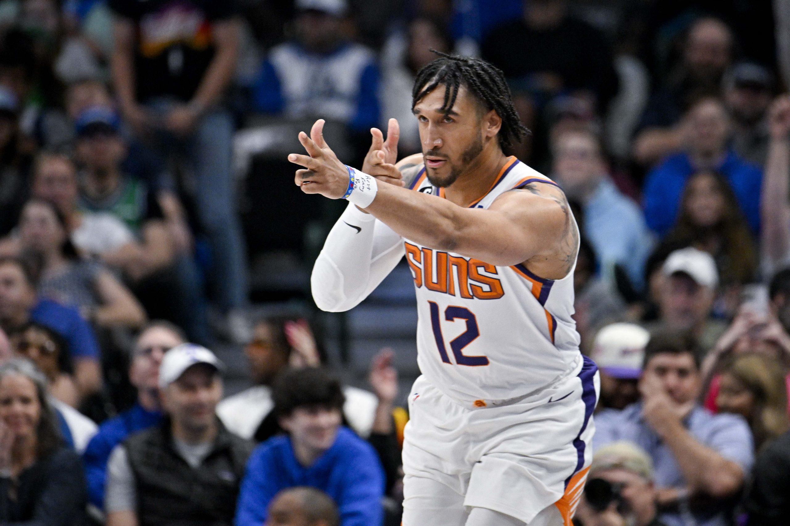Mar 5, 2023; Dallas, Texas, USA; Phoenix Suns forward Ish Wainright (12) celebrates after he makes a three point shot against the Dallas Mavericks during the second half at the American Airlines Center. Mandatory Credit: Jerome Miron-USA TODAY Sports Photo: Jerome Miron/REUTERS