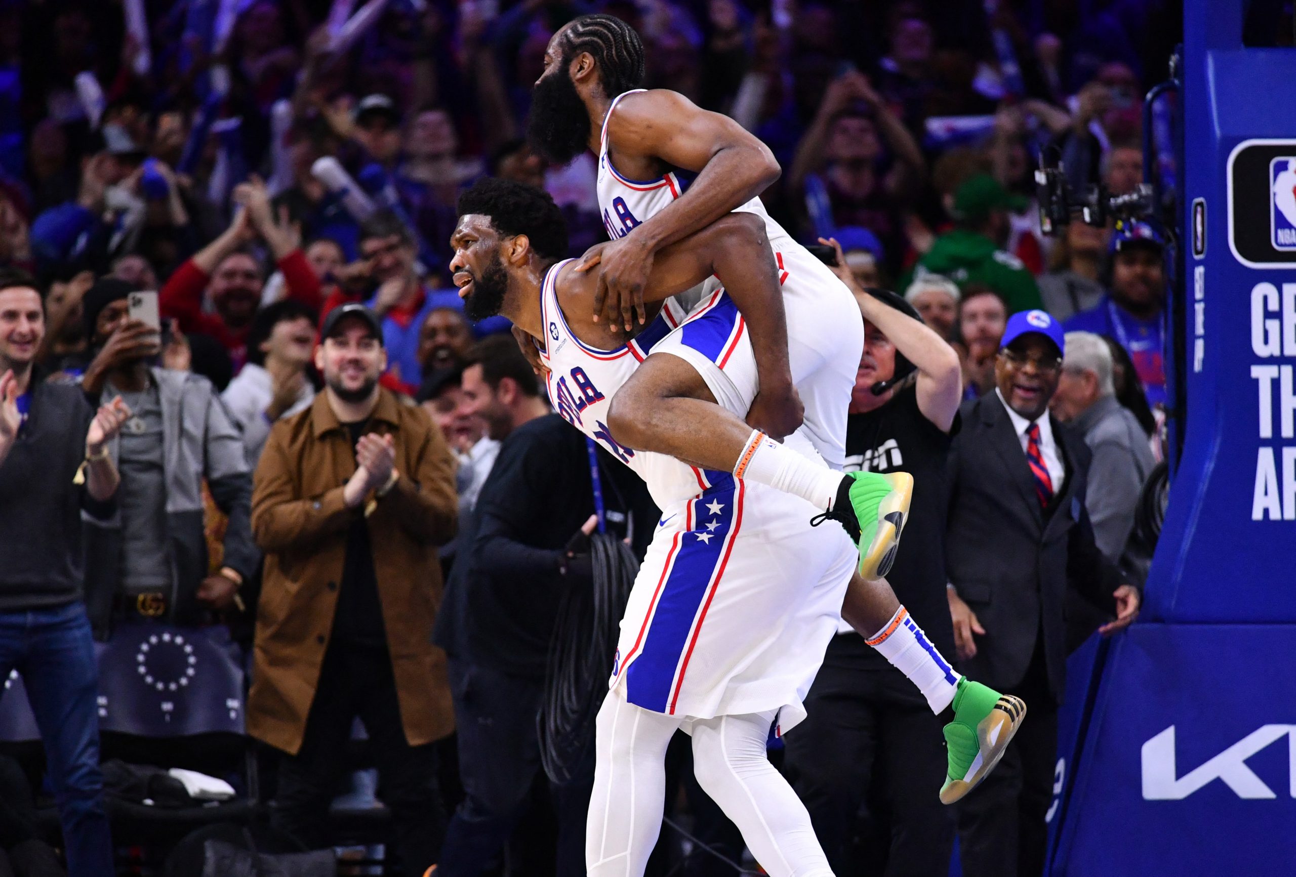 Jan 28, 2023; Philadelphia, Pennsylvania, USA; Philadelphia 76ers guard James Harden (1) celebrates with center Joel Embiid (21) after a score against the Denver Nuggets in the fourth quarter at Wells Fargo Center. Mandatory Credit: Kyle Ross-USA TODAY Sports Photo: Kyle Ross/REUTERS