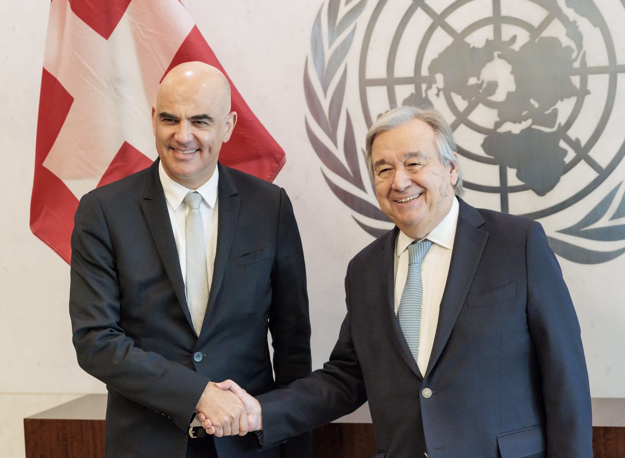epa10506503 Switzerland’s President Alain Berset (L) with United Nations Secretary-General Antonio Guterres (R) at the start of a meeting at United Nations headquarters in New York, New York, USA, 06 March 2023.  EPA/JUSTIN LANE