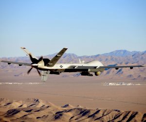 epa10522758 A handout photo made available by the U.S. Air Force of an MQ-9 Reaper flying a training mission over the Nevada Test and Training Range, USA 15 July 2019 (issued 14 March 2023). The United States European Command (EUCOM) said in a statement that two Russian Su-27 aircraft 'conducted an unsafe and unprofessional intercept' with a US unmanned MQ-9 aircraft that was operating within international airspace over the Black Sea on 14 March 2023. The incident occurred at about 7:03 AM (CET) when one of the Russian aircraft struck the propeller of the MQ-9 causing US forces to bring the unmanned aircraft down in international waters, the statement added.  EPA/Airman 1st Class William Rio Rosado HANDOUT  HANDOUT EDITORIAL USE ONLY/NO SALES