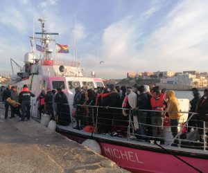epa10543914 The rescue ship Louise Michel from the namesake NGO, financed by street-artist Banksy, is moored at the port of Lampedusa, Sicily, 26 March 2023. Activists aboard the ship, currently carrying around 180 migrants rescued at sea, denounced on 26 March that they were being prevented to go back at sea but that no official explanation had yet been given by Italian authorities.  EPA/ELIO DESIDERIO