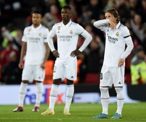 epa10482428 Luka Modric (R) and teammates of Real Madrid react after Liverpool scored the opening goal during the UEFA Champions League, Round of 16, 1st leg match between Liverpool FC and Real Madrid in Liverpool, Britain, 21 February 2023.  EPA/Peter Powell