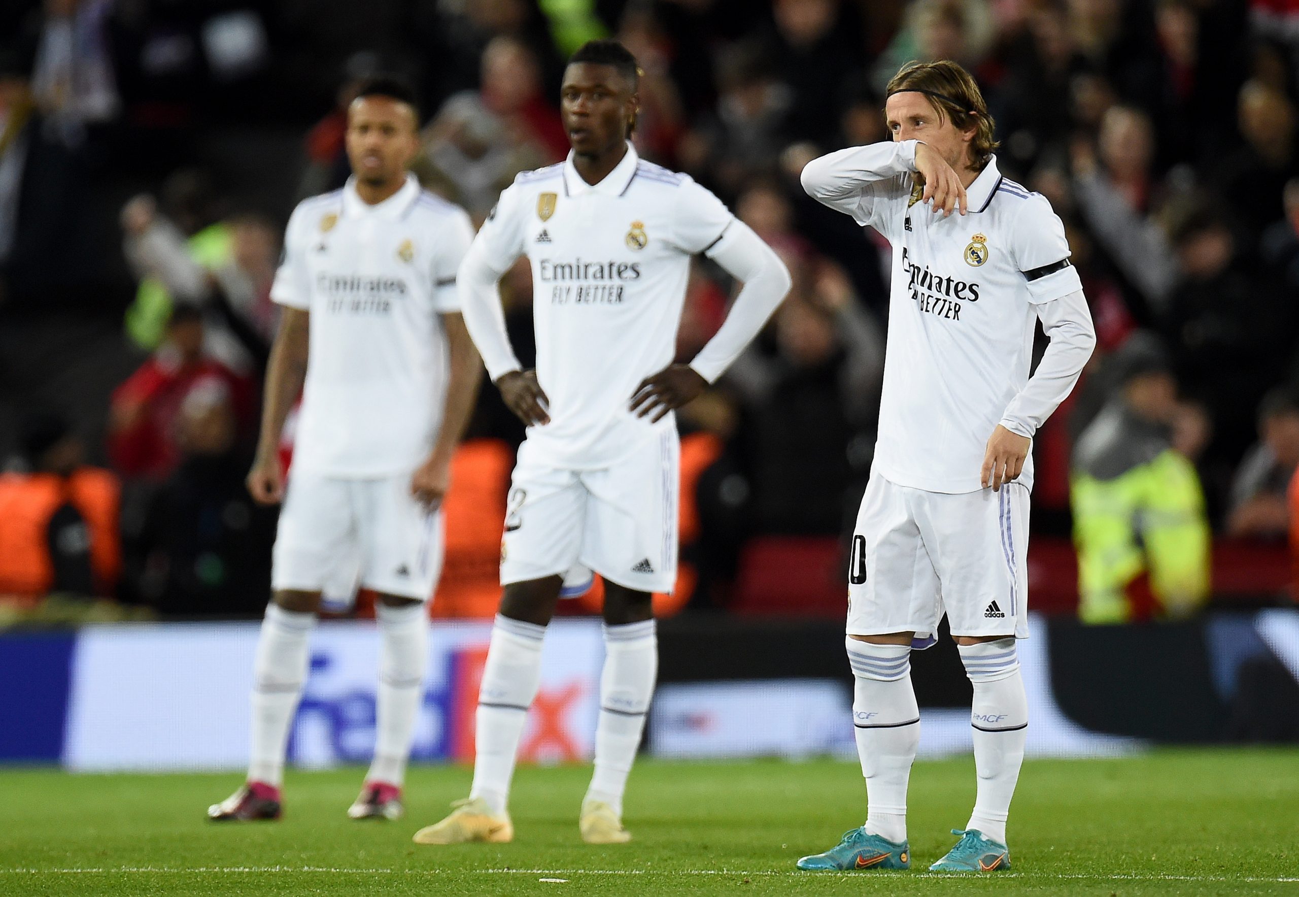 epa10482428 Luka Modric (R) and teammates of Real Madrid react after Liverpool scored the opening goal during the UEFA Champions League, Round of 16, 1st leg match between Liverpool FC and Real Madrid in Liverpool, Britain, 21 February 2023.  EPA/Peter Powell
