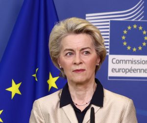 epa10470165 President of the European Commission Ursula von der Leyen gives a joint press statement with the French Prime Minister (not pictured) ahead of a meeting at the European Commission headquarters in Brussels, Belgium, 16 February 2023.  EPA/STEPHANIE LECOCQ