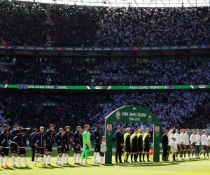 Soccer Football - EFL Trophy Final - Bolton Wanderers v Plymouth Argyle - Wembley Stadium, London, Britain - April 2, 2023 General view as the teams line up before the match    Action Images/Peter Cziborra  EDITORIAL USE ONLY. No use with unauthorized audio, video, data, fixture lists, club/league logos or "live" services. Online in-match use limited to 75 images, no video emulation. No use in betting, games or single club/league/player publications.  Please contact your account representative for further details.