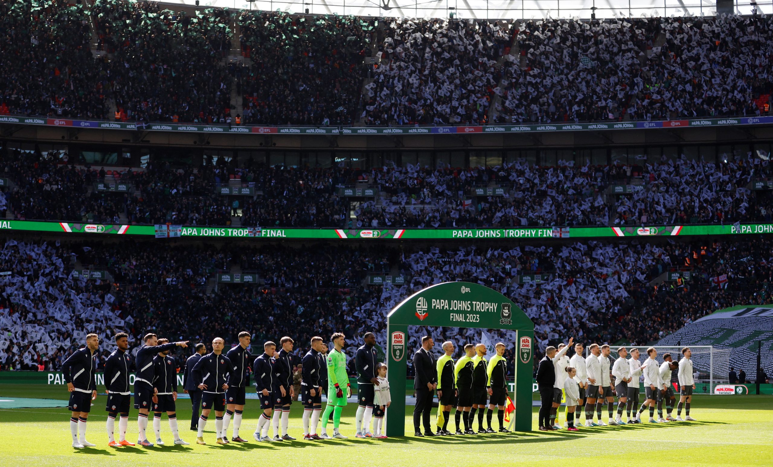Soccer Football - EFL Trophy Final - Bolton Wanderers v Plymouth Argyle - Wembley Stadium, London, Britain - April 2, 2023 General view as the teams line up before the match    Action Images/Peter Cziborra  EDITORIAL USE ONLY. No use with unauthorized audio, video, data, fixture lists, club/league logos or "live" services. Online in-match use limited to 75 images, no video emulation. No use in betting, games or single club/league/player publications.  Please contact your account representative for further details.