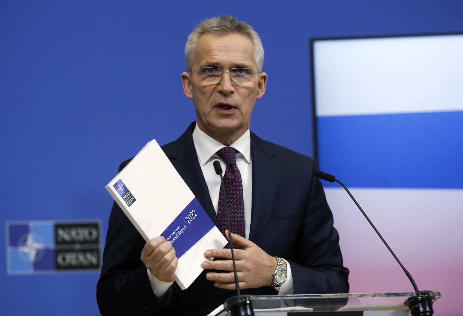 epa10534978 NATO Secretary General Jens Stoltenberg gives a press conference to present his annual report for 2022, at NATO Headquarters in Brussels, Belgium, 21 March 2023.  EPA/OLIVIER HOSLET