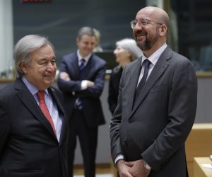 epa10538398 United Nations (UN) Secretary-General Antonio Guterres and European Council President Charles Michel (R) attend an EU Summit in Brussels, Belgium, 23 March 2023. EU leaders will meet for a two-day summit in Brussels to discuss the latest developments in relation to 'Russia's war of aggression against Ukraine' and continued EU support for Ukraine and its people. The leaders will also debate on competitiveness, single market and the economy, energy, external relations among other topics, including migration.  EPA/OLIVIER HOSLET