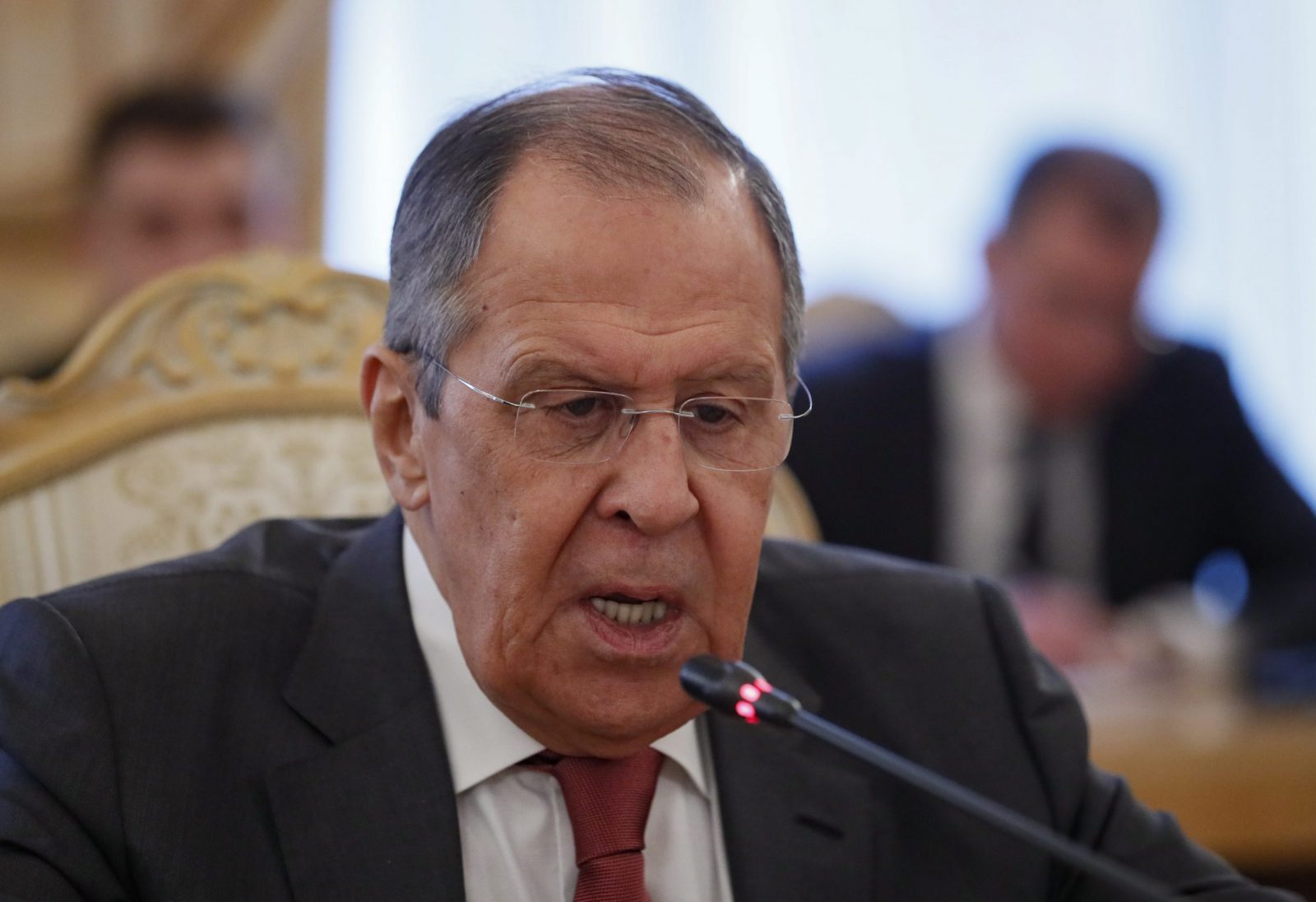 epa10548400 Russian Foreign Minister Sergei Lavrov speaks during a meeting with his counterpart from Iran (not pictured) in Moscow, Russia, 29 March 2023.  EPA/YURI KOCHETKOV / POOL