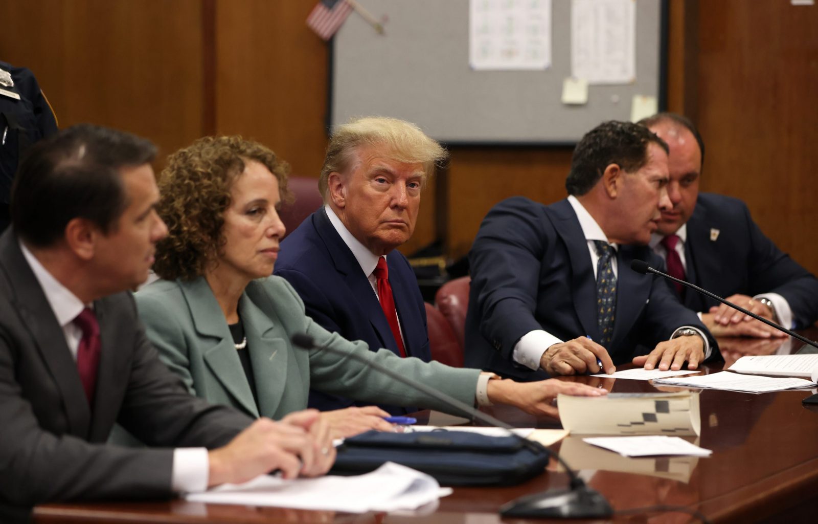 epa10558744 Former US President Donald J. Trump sits in the courtroom for his arraignment in New York Criminal Court in New York, New York, USA, 04 April 2023. A Manhattan grand jury voted to indict former President Donald J. Trump last week.  EPA/ANDREW KELLY POOL