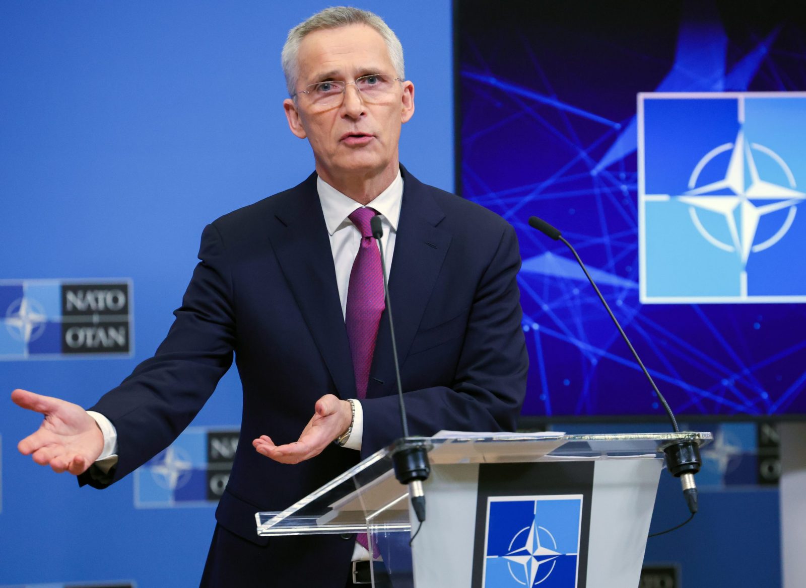 epa10559739 NATO Secretary-General Jens Stoltenberg holds a press conference after a Foreign Ministers meeting at the North Atlantic Treaty Organisation headquarters in Brussels, Belgium, 05 April 2023.  EPA/OLIVIER MATTHYS / POOL