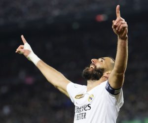 epa10560633 Real Madrid's striker Karim Benzema celebrates after scoring the 0-4 goal during the Spanish King's Cup semifinal second leg soccer match between FC Barcelona and Real Madrid, in Barcelona, Spain, 05 April 2023.  EPA/Enric Fontcuberta