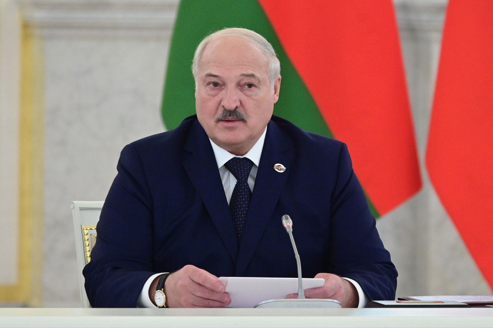 epa10561672 Belarusian President Alexander Lukashenko attends a meeting of the Supreme State Council of the Union State of Russia and Belarus at the Kremlin in Moscow, Russia, 06 April 2023. Putin supported the proposal of the Belarusian leader Lukashenko to extend the previous agreements in the field of security. On 25 March, the Russian president issued new threats against Western countries supporting Ukraine, announcing an agreement with the Belarusian ruler to deploy tactical nuclear weapons in the country.  EPA/PAVEL BYRKIN/SPUTNIK/KREMLIN POOL MANDATORY CREDIT